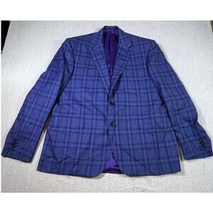 Holland & Sherry Men 52 Blue 2 Button Plaid Wool Sport Coat Blazer Tailored Fit